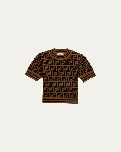 Fendi Kids' Girl's Monogram-print Short Sleeve Sweater In Brown Pink