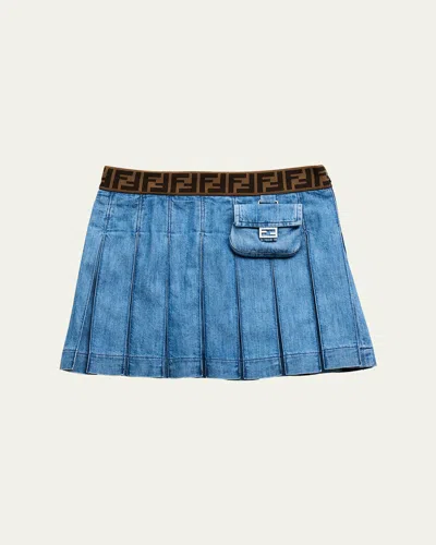 Fendi Kids' Girl's Pleated Monogram Denim Skirt In F0qg0 Blue Dnm