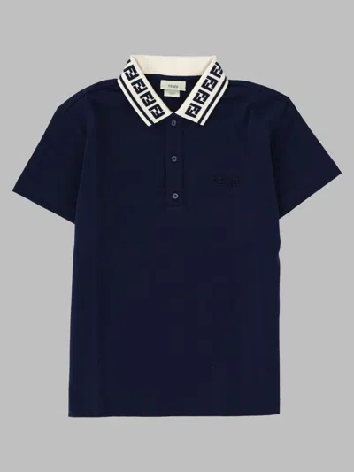 Fendi Girls Cotton Polo Shirt With Logo-trim Collar In Blue
