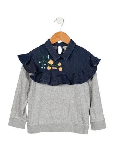 Pre-owned Fendi Babies' Girls' Embroidered Long Sleeve Dress In Gray