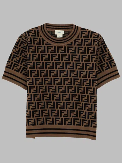 Fendi Girls Ff Logo Jacquard Knit Top In Brown
