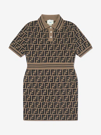 Fendi Kids' Girls Ff Logo Knitted Dress In Brown