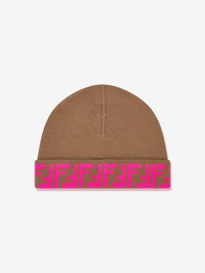 Fendi Kids' Girls Ff Logo Reversible Beanie In Beige