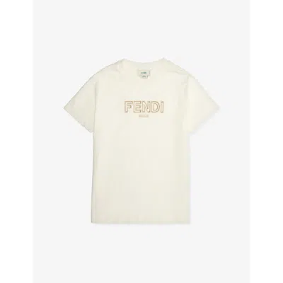 Fendi Kids' Outline Logo-embroidered Cotton-jersey T-shirt 4-12 Years In Gesso+linen