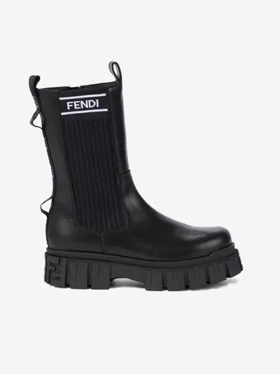 Fendi Kids' Girls Leather Chunky Logo Biker Boots Eu 34 Uk 2 Black