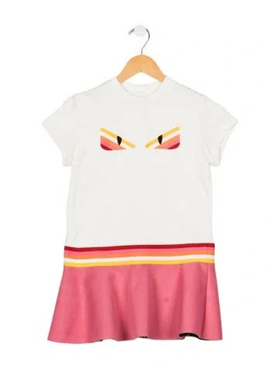 Pre-owned Fendi Kids' Girls Pattern Printed Crewneck Dress In White