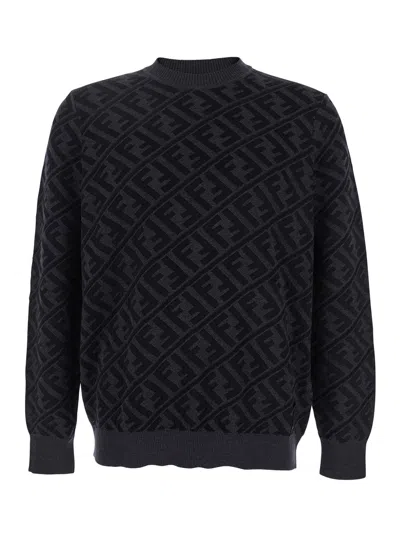 Fendi Men Grey Crewneck Sweater With All-over Ff Motif In Wool Man In Multi