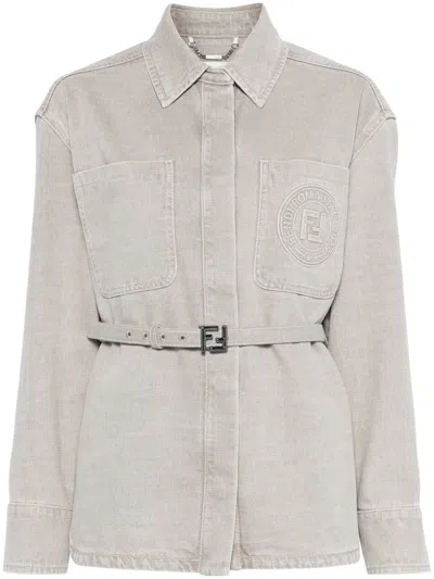 Fendi Essential Belted Collared Jacket With Front Pockets In Gray