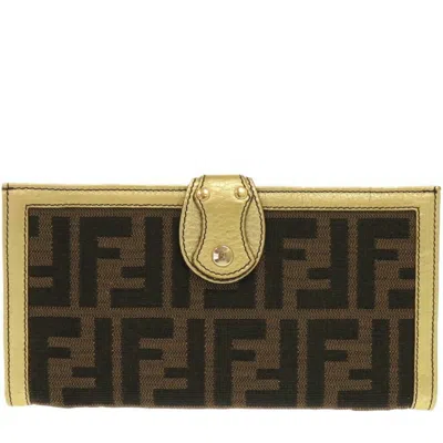 Pre-owned Fendi Gold Brown Canvas Leather Long Wallet (bi-fold) ()