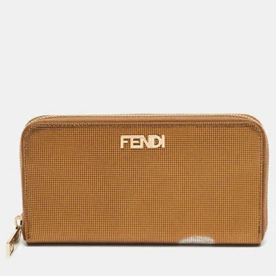 Pre-owned Fendi Gold Embossed Leather Logo Zip Continental Wallet
