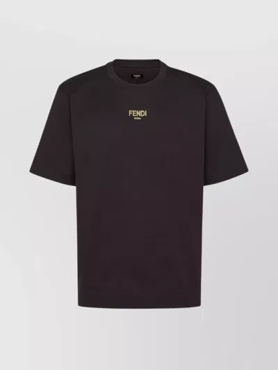 Fendi Gold Glitter Roma Lettering Cotton T-shirt In Brown