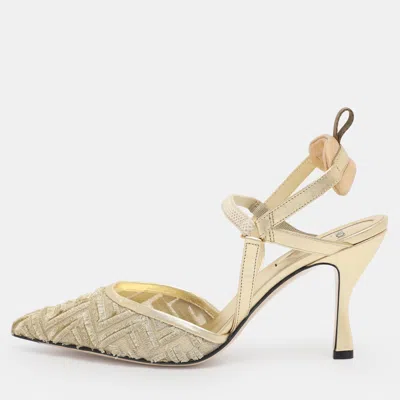 Pre-owned Fendi Gold Jacquard And Mesh Colibri Slingback Sandals Size 39