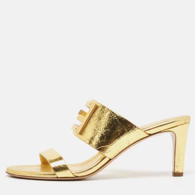 Pre-owned Fendi Gold Leather Baguette Slide Sandals Size 41
