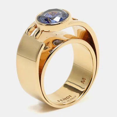 Pre-owned Fendi Gold Tone Crystal Embellished Ff Band Ring Size 53