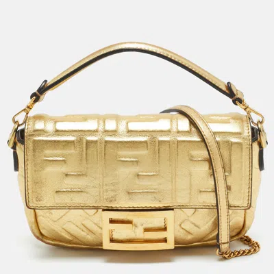 Pre-owned Fendi Gold Zucca Embossed Leather Mini Baguette Chain Bag