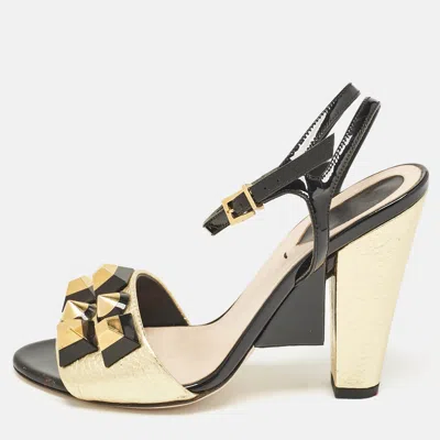 Pre-owned Fendi Gold/black Leather And Patent Studded Ankle Strap Sandals Size 36