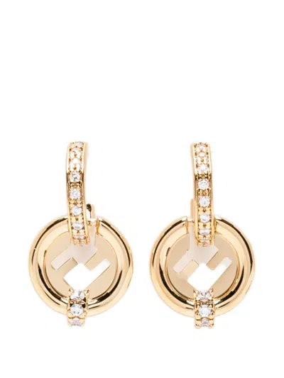 Fendi Golden Crystal Embellished Logo Drop Earrings In White