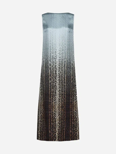 Fendi Gradient Print Silk Long Dress In Pale Blue,multicolor