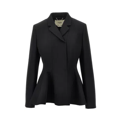 Fendi Grain De Poudre Wool Peplum Jacket In Black