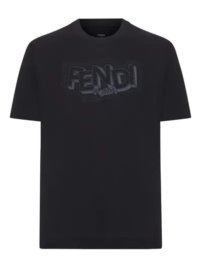 Fendi Men Cotton T-shirt With Print In Black