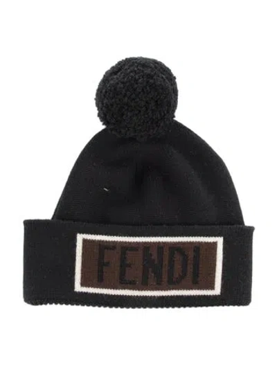 Pre-owned Fendi Graphic Pom-pom Beanie In Black
