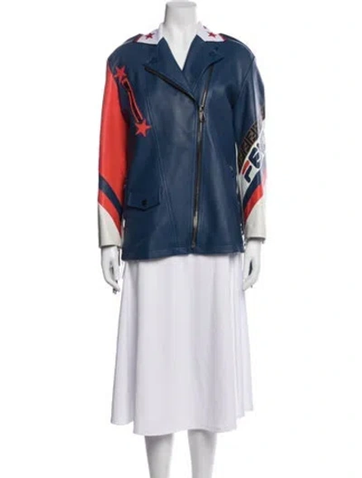 Pre-owned Fendi Graphic Print Biker Jacket W/ Tags In Blue