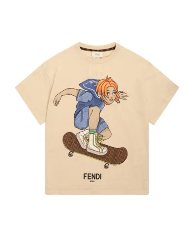 Fendi Kids' Graphic-print Cotton T-shirt In Neutral