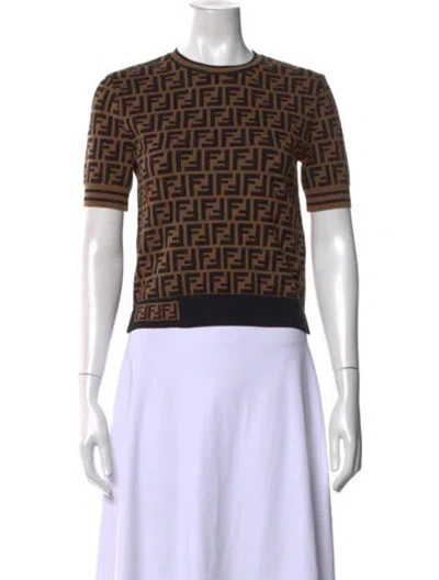Pre-owned Fendi Graphic Print Crew Neck Sweater In Brown