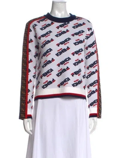 Pre-owned Fendi Graphic Print Crew Neck Sweater In White