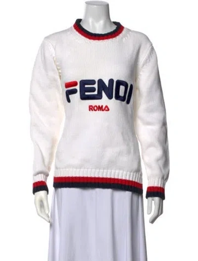 Pre-owned Fendi Graphic Print Crew Neck Sweater In White