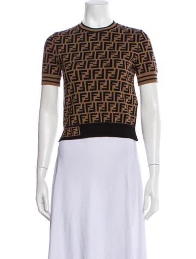 Pre-owned Fendi Graphic Print Crew Neck Top In Brown