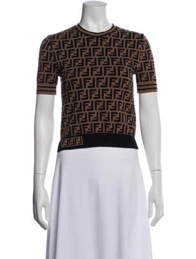 Pre-owned Fendi Graphic Print Crew Neck Top In Brown