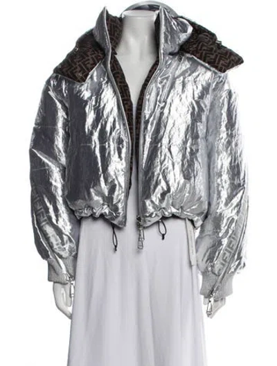 Pre-owned Fendi Graphic Print Down Coat In Metallic/silver