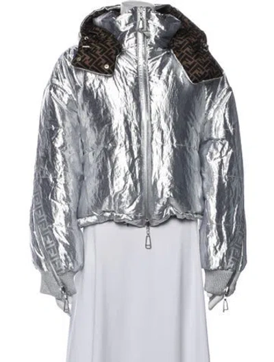Pre-owned Fendi Graphic Print Down Jacket In Metallic/silver