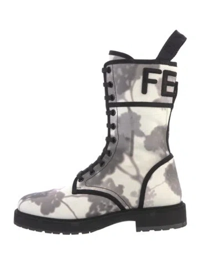 Pre-owned Fendi Graphic Print Embroidered Accent Lace-up Boots In Neutrals