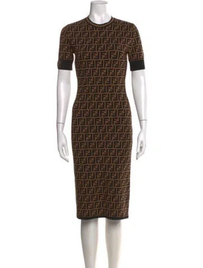 Pre-owned Fendi Graphic Print Knee-length Dress In Brown