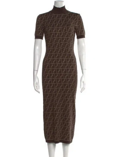 Pre-owned Fendi Graphic Print Midi Length Dress In Brown