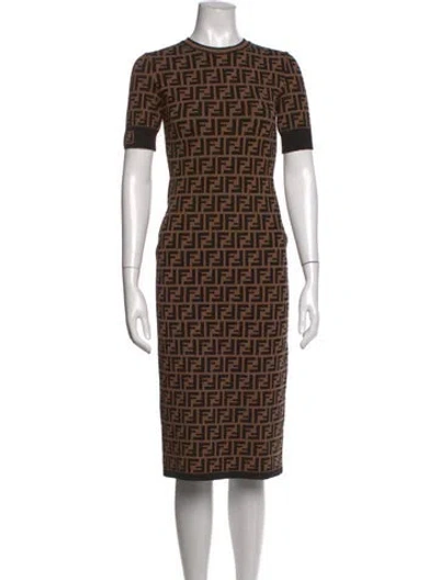 Pre-owned Fendi Graphic Print Midi Length Dress In Brown