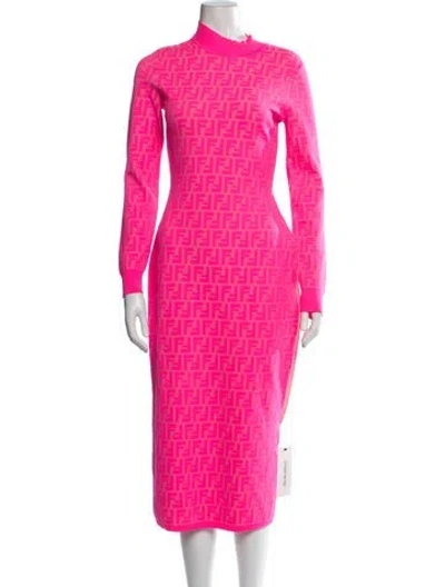 Pre-owned Fendi Graphic Print Midi Length Dress W/ Tags In Pink