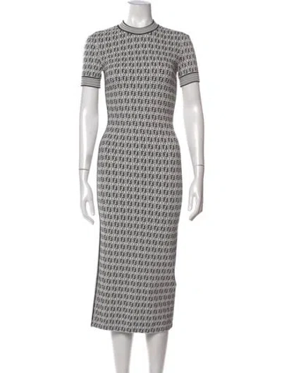 Pre-owned Fendi Graphic Print Midi Length Dress In White