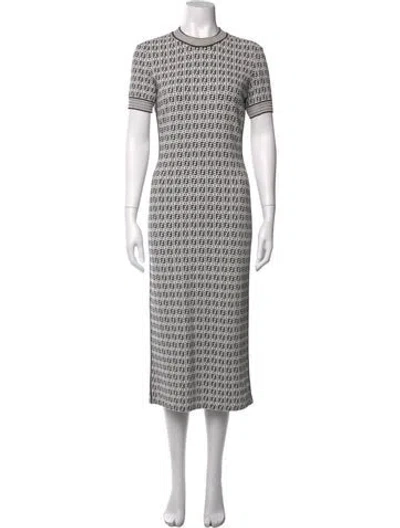 Pre-owned Fendi Graphic Print Midi Length Dress In White