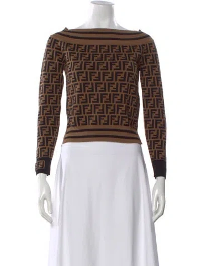 Pre-owned Fendi Graphic Print Off-the-shoulder Sweater In Brown