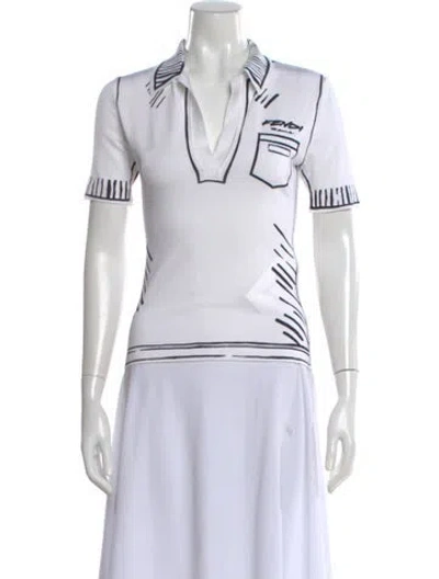 Pre-owned Fendi Graphic Print V-neck Polo In White