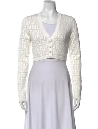 Pre-owned Fendi Graphic Print V-neck Sweater W/ Tags In White