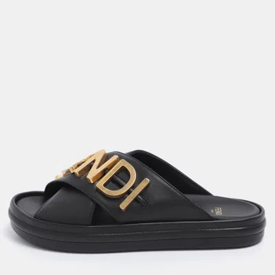 Pre-owned Fendi Graphy Flat Slides Size 37 In Black