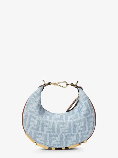Fendi Graphy Mini Denim Handbag With All-over Ff Logo In Blue