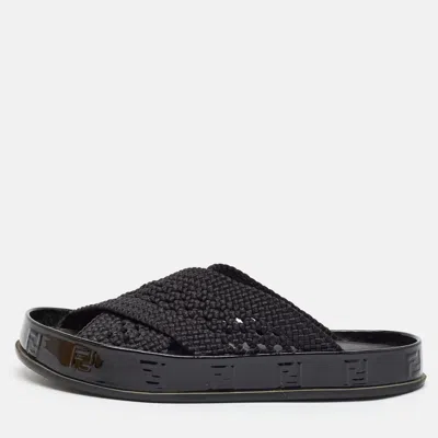 Pre-owned Fendi Graphy Size 36 Black Woven Fabric Flat Slide Sandals