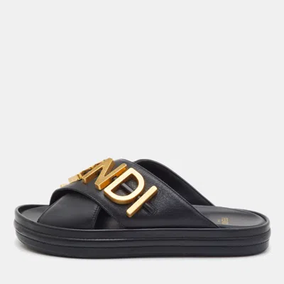 Pre-owned Fendi Graphy Size 37 Black Leather Flat Slide Sandals
