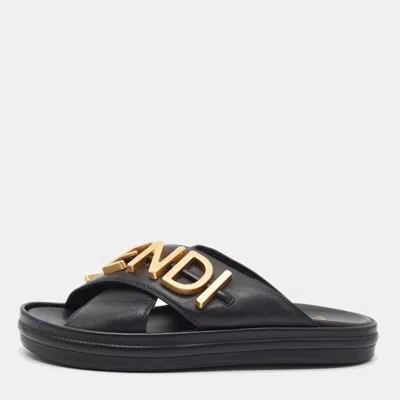 Pre-owned Fendi Graphy Size 40 Black Leather Flat Slide