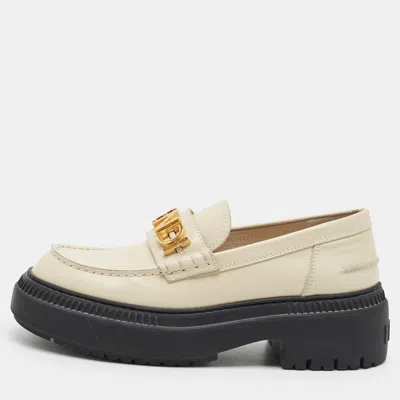 Pre-owned Fendi Graphy Size 40 Cream Leather Platform Slip On Loafers In White